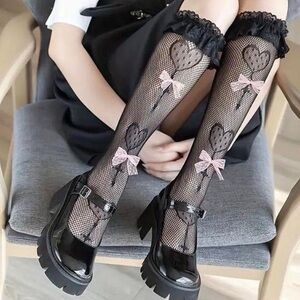 1 Pair of Lolita Pink Gothic Style Calf Socks with Charming Lace Trim Bo…